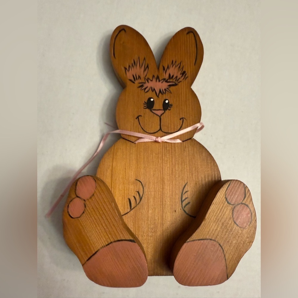VINTAGE 1989 HANDMADE Wooden Bunny Decor with Pink Accents 9.5